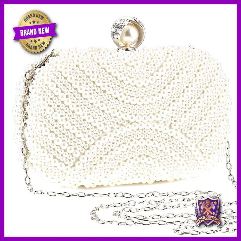 Pearl Clutch Evening Bag Beaded Handbag Bride Purse with Chain Wedding Party